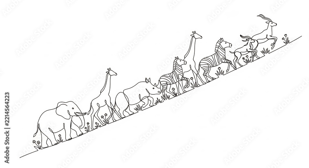 Obraz premium Animal continuous line art of african wildlife climbing a hill