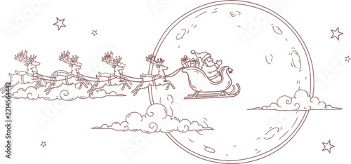 Santa Claus descending with gift bag against full moon and clouds in starry night sky line drawing