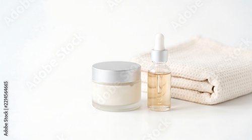 Skincare Product Jar and Serum Bottle on White Background for Beauty and Wellness Marketing