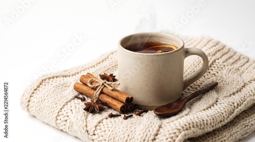 ** Cozy Hot Beverage on Knitted Blanket with Cinnamon Sticks for Relaxing Autumn Mood