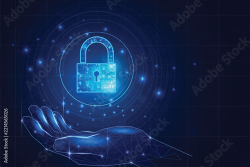 Futuristic glowing digital hand cradling a secure padlock icon on a blue technology background. Conceptual illustration of cybersecurity, data protection, privacy, and modern network safety solutions.