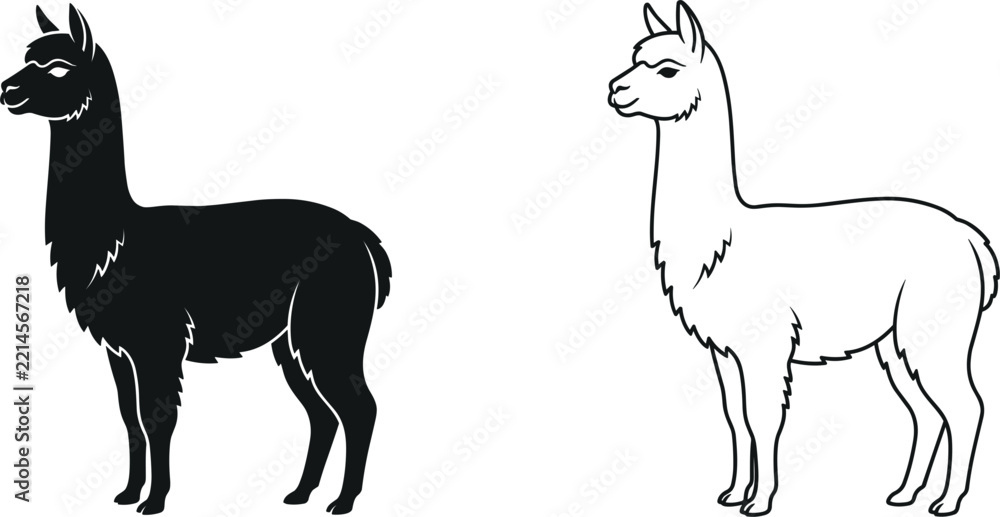 Fototapeta premium Alpaca Llama Vector Silhouette and Line Art Icon Set Featuring Domestic Camelid Animals for Wool Production Farming and Peruvian Textile Designs