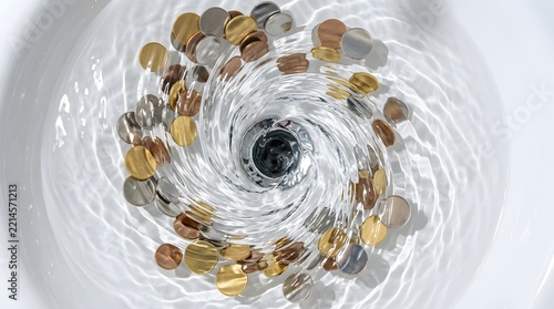 Metallic coins swirling down sink drain with water representing financial loss and wasteful corporate economic spending
