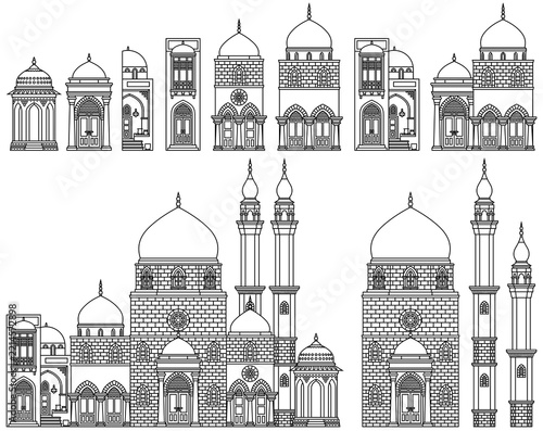 Arabic mosque buildings seamless border and set in outline paper cut style. Islamic architecture landmarks isolated vector banner template.