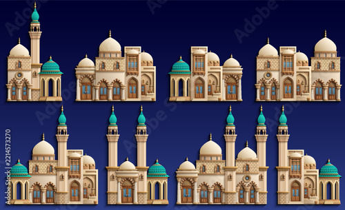 Set of oriental arabic mosques and palaces with turquoise domes and minarets in paper cut style. Vector 3D collection of eastern building facades and architectural elements on dark blue background