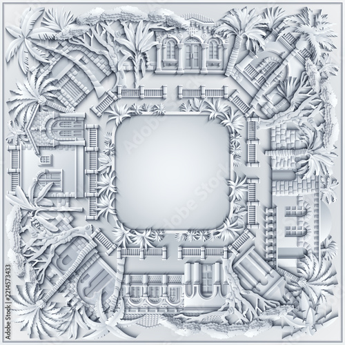 White paper cut frame with arabic city architecture, palm trees and copy space. Islamic oriental ornamental border vector background template.