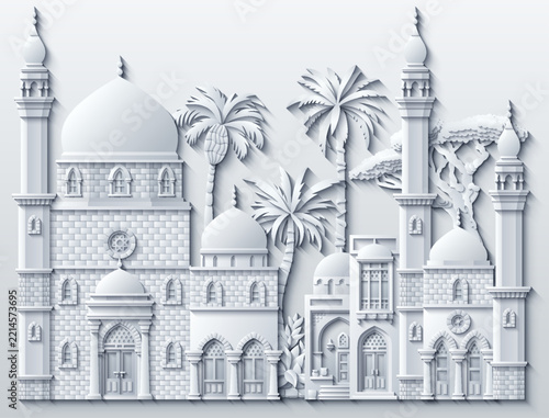 White paper cut style 3D vector illustration of oriental mosques and palaces with domes, minarets, and palm trees. Elegant monochrome islamic architectural landscape on light background.