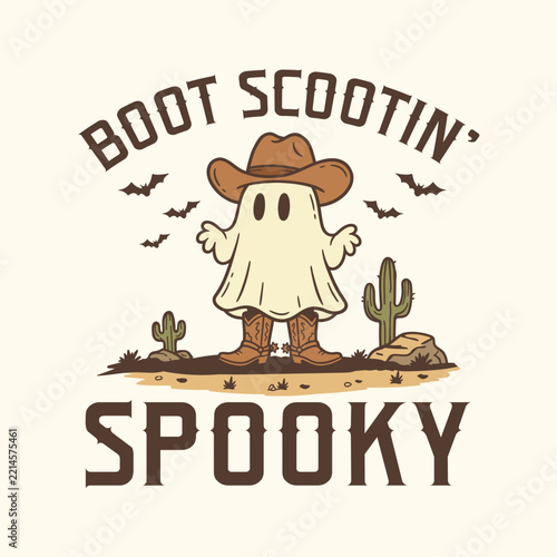 Boot Scootin Spooky, Retro Western Halloween T-Shirt Design with Cute Ghost Cowboy