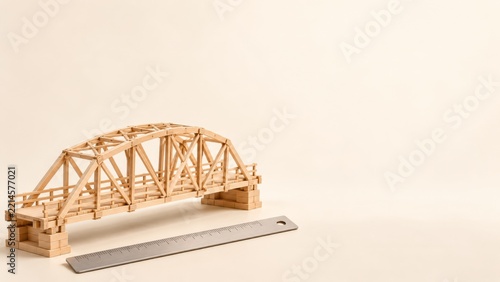 Wooden Truss Bridge Model beside a Metal Ruler on a Cream Surface