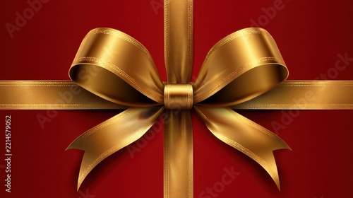 Gold ribbon bow tied on red background for gift presentation