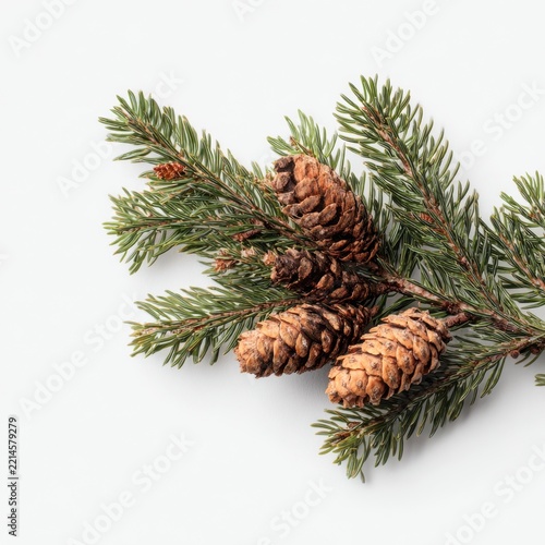 Evergreen branch with pine cones on white background