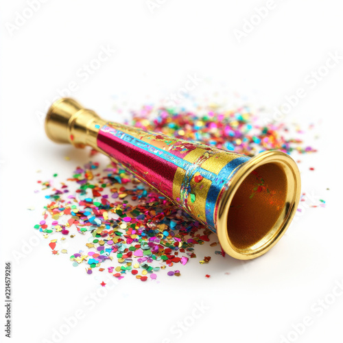 Colorful party horn with glitter confetti on white background