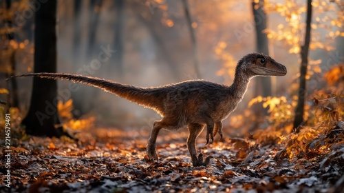 Deinonychus stalking in an autumn prehistoric forest background with golden leaves for nature banner and wallpaper