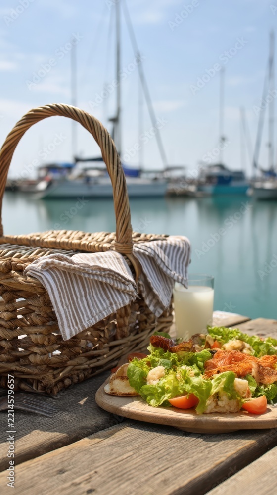 Fototapeta premium Fresh seafood salad with wicker picnic basket and striped cloth on a calm marina pier for summer menu or banner design
