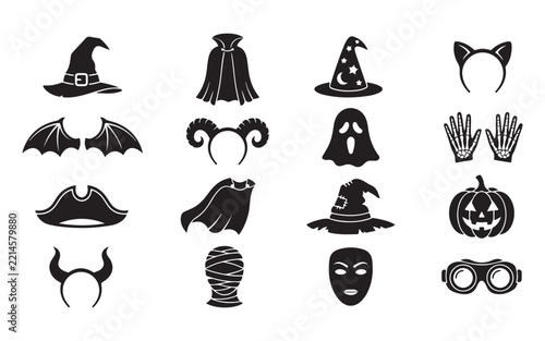 Halloween costume collection featuring witch hats capes masks and spooky accessories for festival.