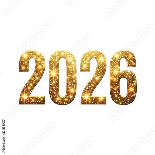 2026 golden glitter numbers isolated on transparent background
