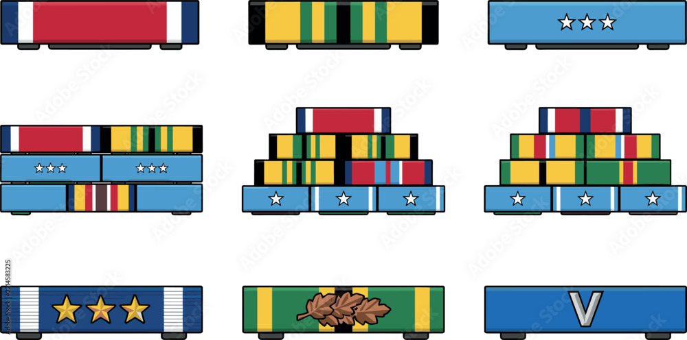 Naklejka premium Military ribbon rack vector illustration set featuring various army award bars service medals and honor badges isolated on white background