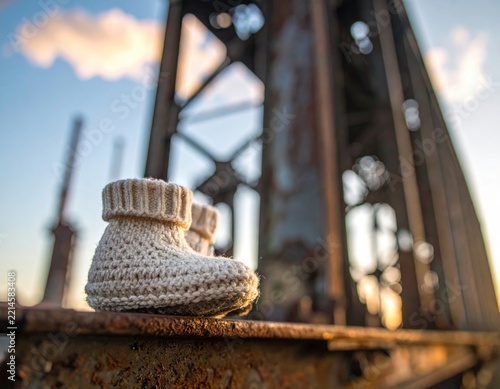 Handmade Baby Booties on Rusty Industrial Structure