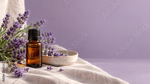 Amber Essential Oil Bottle With Lavender Flowers and a Ceramic Bowl