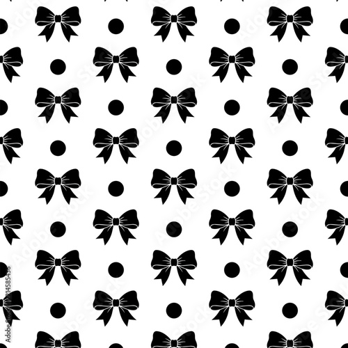 Black bows and polka dots vertical seamless pattern on white background