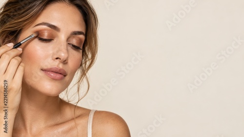 Woman Applying Shimmering Brown Eyeshadow With a Soft Makeup Brush