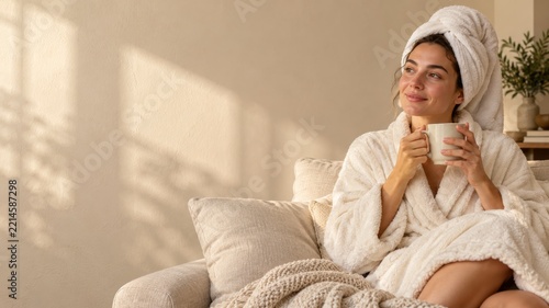 Woman Holding a Ceramic Mug in a Plush Robe and White Towel Turban