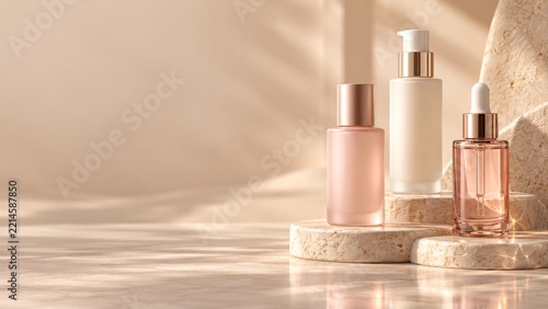 Frosted Cosmetic Bottles on Travertine Pedestals in Warm Sunlight