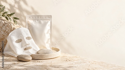 White Sheet Mask and Plain Pouch on a Ceramic Tray With Pebbles