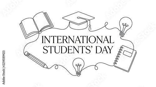 Black and white hand drawn sketch illustration for international students day featuring graduation cap books and educational school supplies