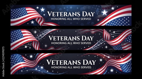 Three horizontal Veterans Day banner designs featuring waving American flags and patriotic star patterns.