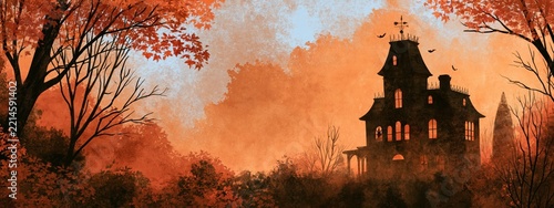 Halloween haunted house on hill with autumn trees