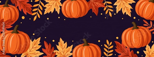 Halloween pumpkins and autumn leaves frame background