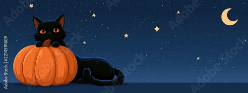 Black cat embracing pumpkin under starry Halloween night sky