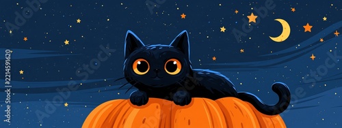 Black cat with big eyes sitting on pumpkin Halloween night