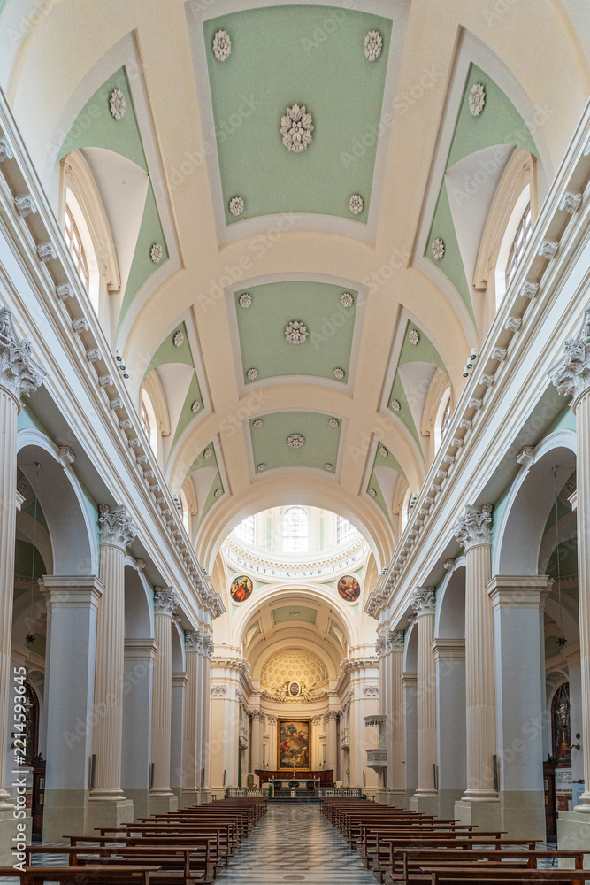 Obraz premium Neoclassical interior of the Urbino Cathedral with central nave and altar