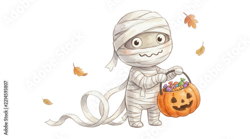 Cute cartoon mummy character holding a pumpkin bucket filled with Halloween candy and autumn leaves