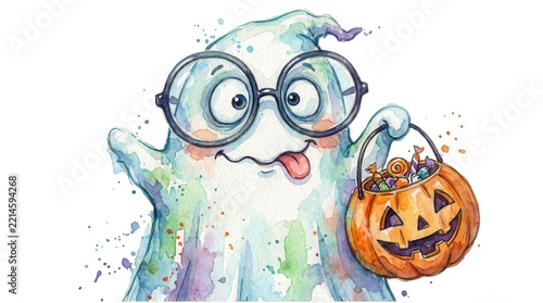 Whimsical watercolor ghost with glasses holding a pumpkin basket filled with Halloween candy