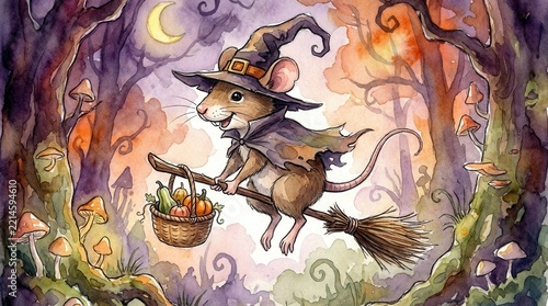 Whimsical illustration of a mouse dressed as a witch flying on a broomstick in a magical forest