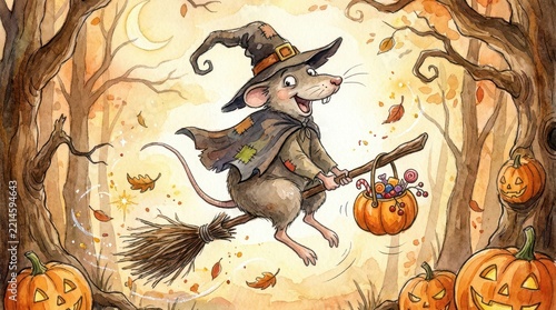 Whimsical mouse dressed as a witch flying on a broomstick through an enchanted autumn forest