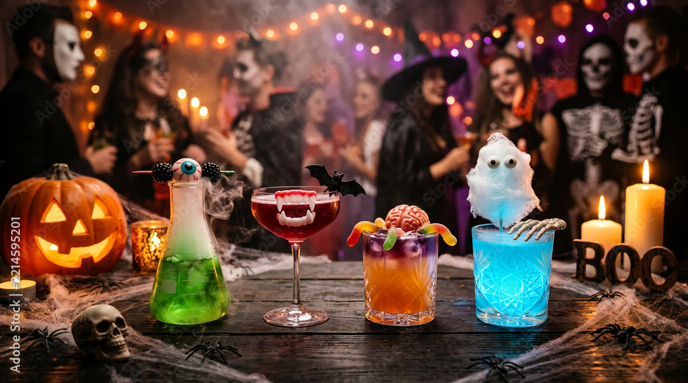 Fototapeta premium Spooky Halloween party scene with costumed people, glowing pumpkin, eerie drinks, and cobwebs, symbolizing festive fright and celebration