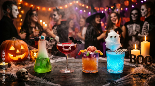 Spooky Halloween party scene with costumed people, glowing pumpkin, eerie drinks, and cobwebs, symbolizing festive fright and celebration