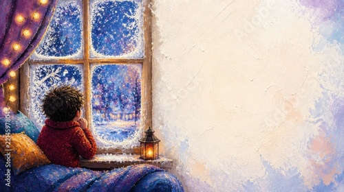 Child Sitting on Bed Looking Out Window at Snowy Winter Night in Cozy Room