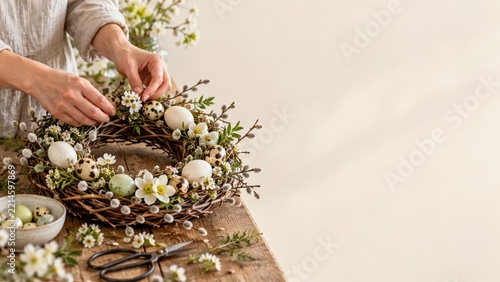 Hands Arranging a Spring Wreath with Speckled Eggs and White Flowers