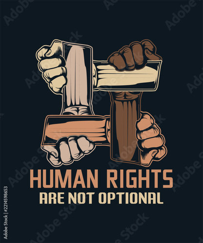 Four interlocking diverse hands in geometric pattern with human rights quote design.