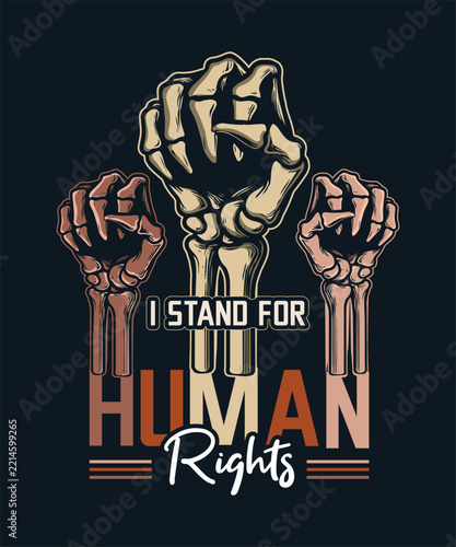 Human rights protest concept featuring raised skeleton fist illustrations in earth tones.