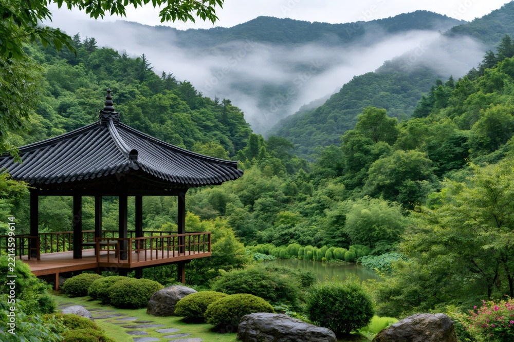 Obraz premium Korean pavilion in lush garden with misty mountains