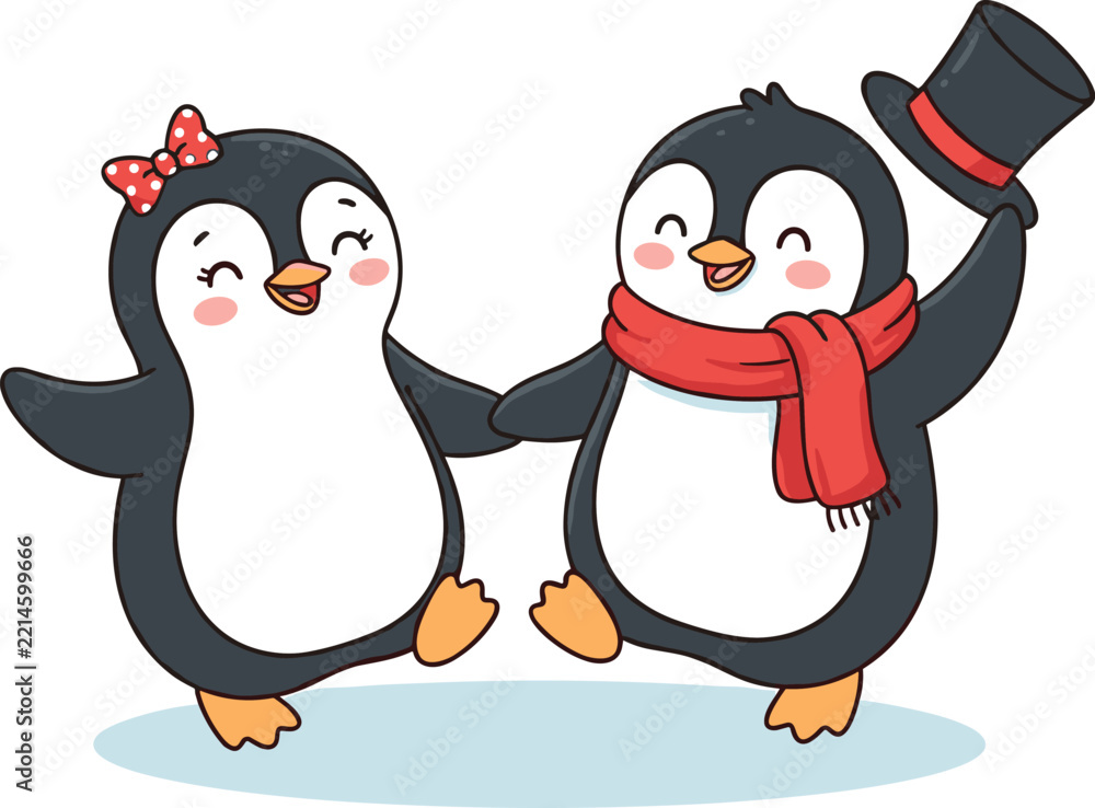 Fototapeta premium Cute Dancing Penguin Couple Vector Illustration Featuring a Winter Scarf Top Hat and Polka Dot Bow for Romantic Holiday and Christmas Card Designs
