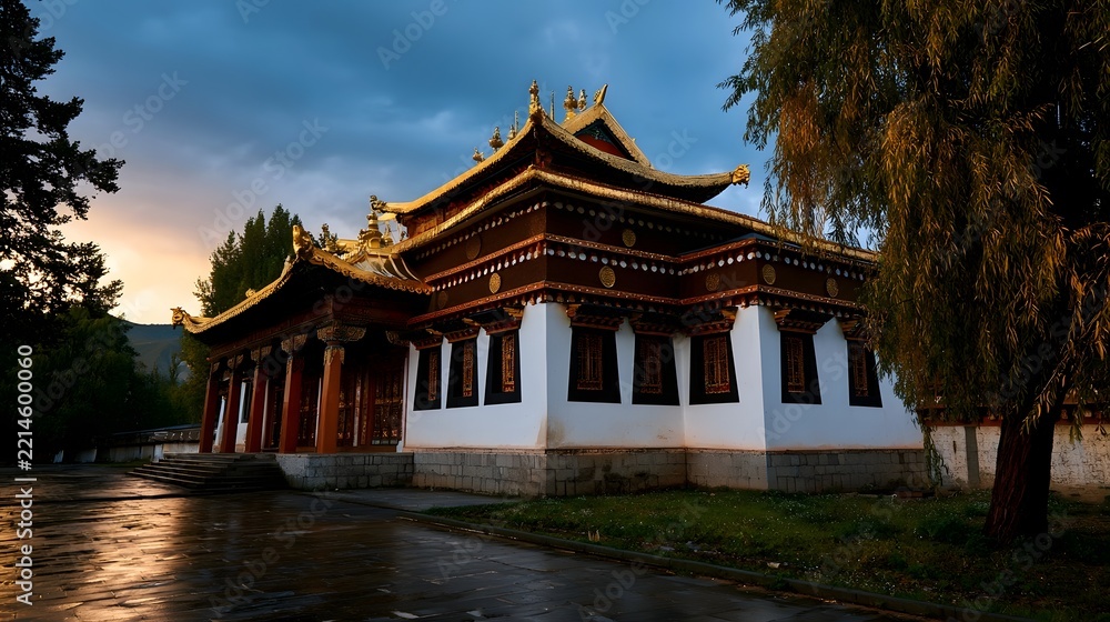 Obraz premium Traditional Tibetan monastery with golden roof and white walls surrounded by trees under dramatic twilight sky