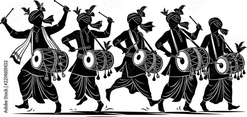 Row of five energetic Indian dhol drum players in traditional attire performing a vibrant cultural dance or festival parade