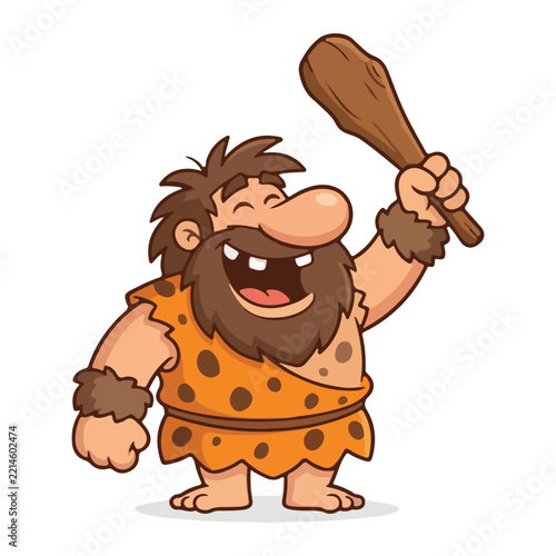 Happy cartoon caveman character holding primitive wooden club laughing